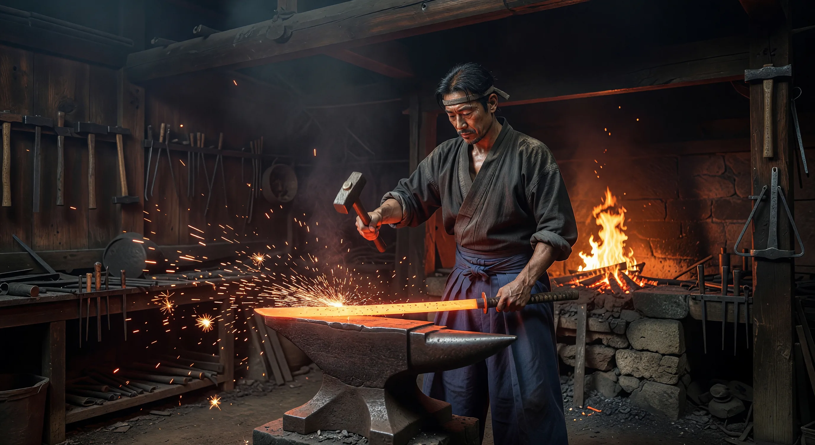 Master swordsmith Hiroshi Tanaka shaping a glowing katana blade at the forge, sparks falling around his steady hammer strokes in a traditional Seki workshop