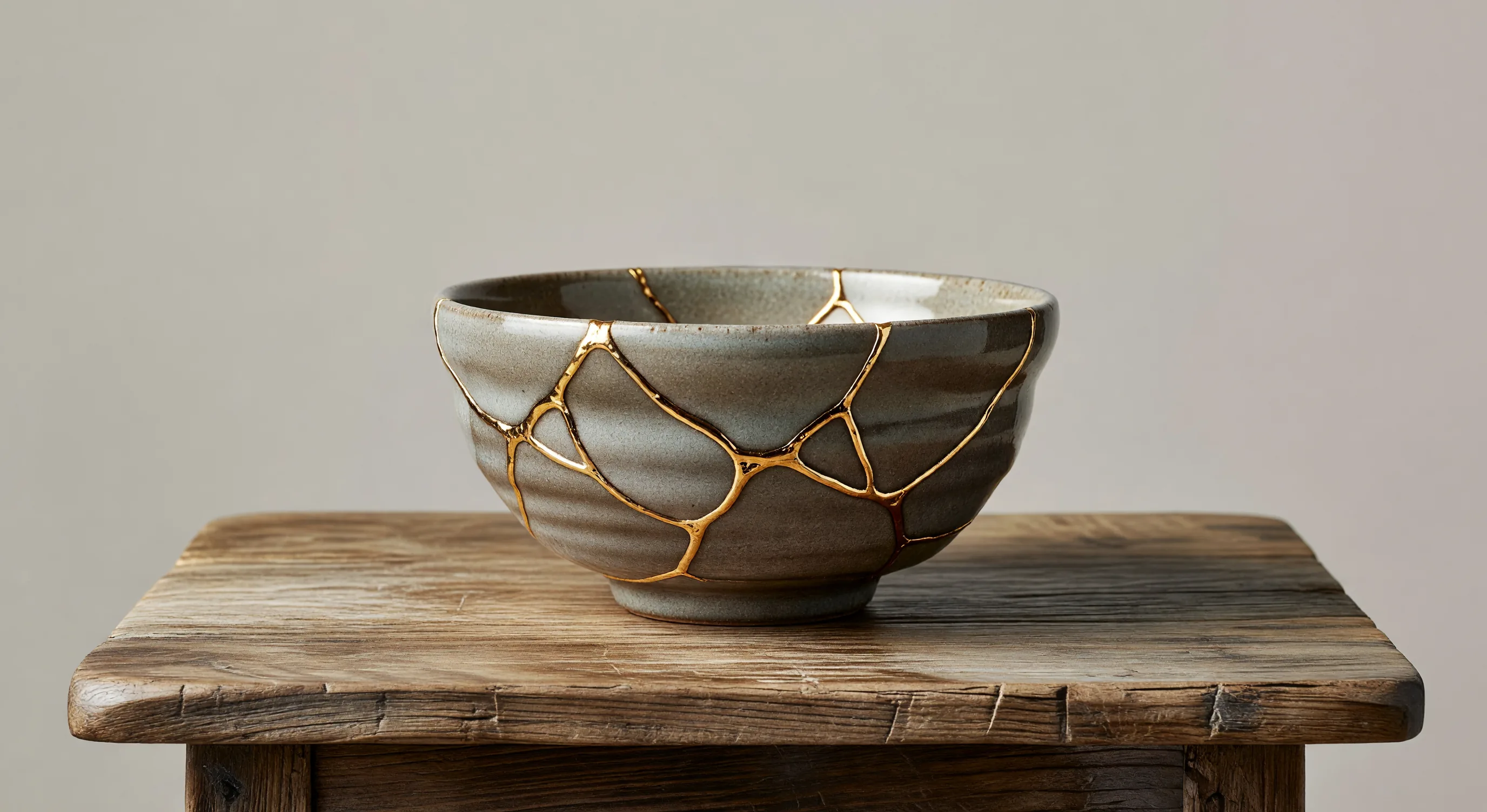 A kintsugi-repaired ceramic tea bowl showing vivid gold-lacquer seams filling the cracks where the bowl was previously broken, displayed against a plain linen cloth