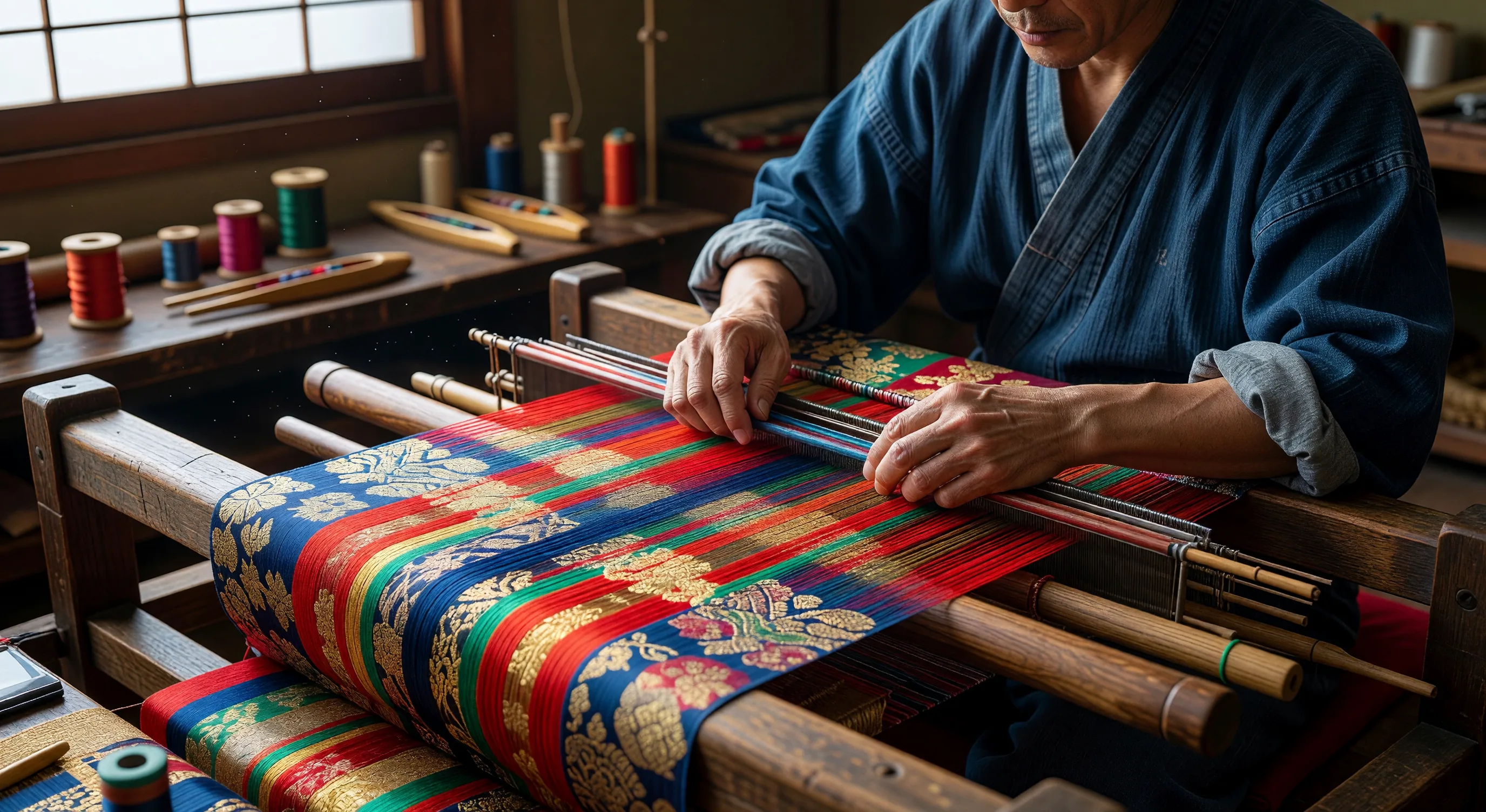 Close-up of Nishijin-ori silk weaving on a traditional jacquard loom in Kyoto, showing luminous gold and crimson threads interlaced in complex floral patterns
