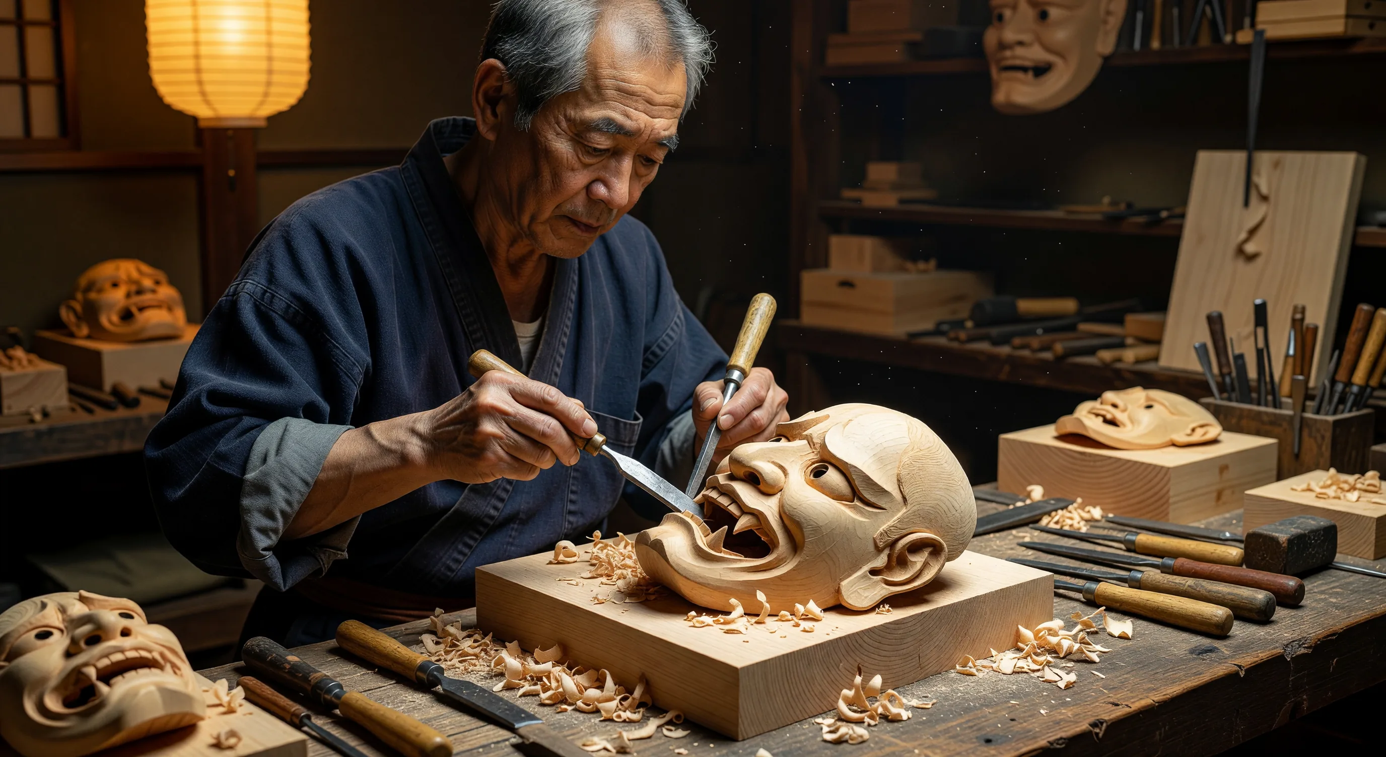 A craftsman carving a traditional Noh theater mask from Japanese cypress wood, the partially-completed mask showing a serene female expression emerging from the pale wood under fine chisels
