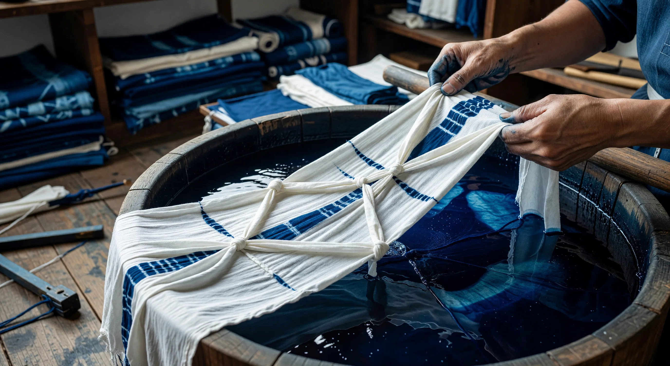 Participant twisting and binding cotton cloth before immersion in an indigo dye vat during a shibori workshop in Kyoto, their hands stained deep blue from the process